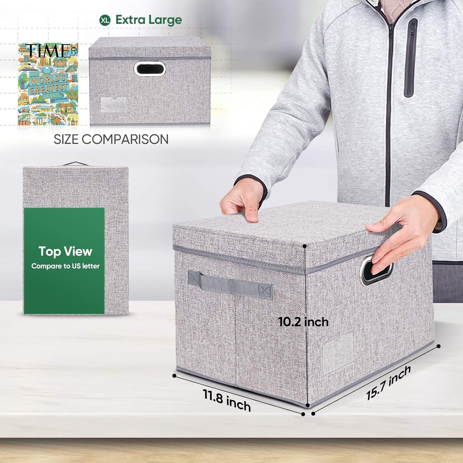 3 PACK Storage Bins with Lids, Foldable Linen Fabric Storage Boxes with Lids