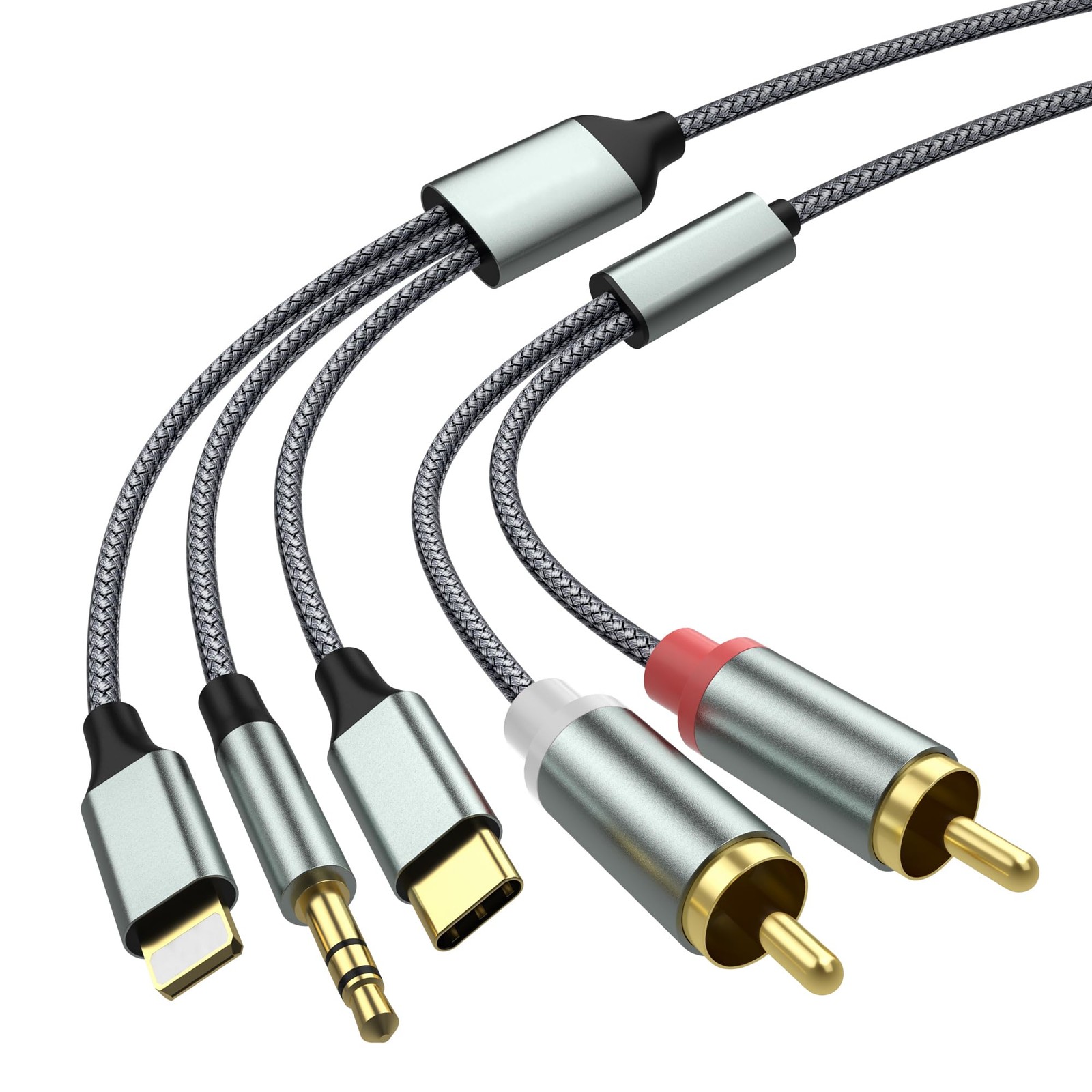 Lightning to RCA Cable Audio Aux Adapter,RCA 3.5mm Cable，USB C 1.3M, Grey