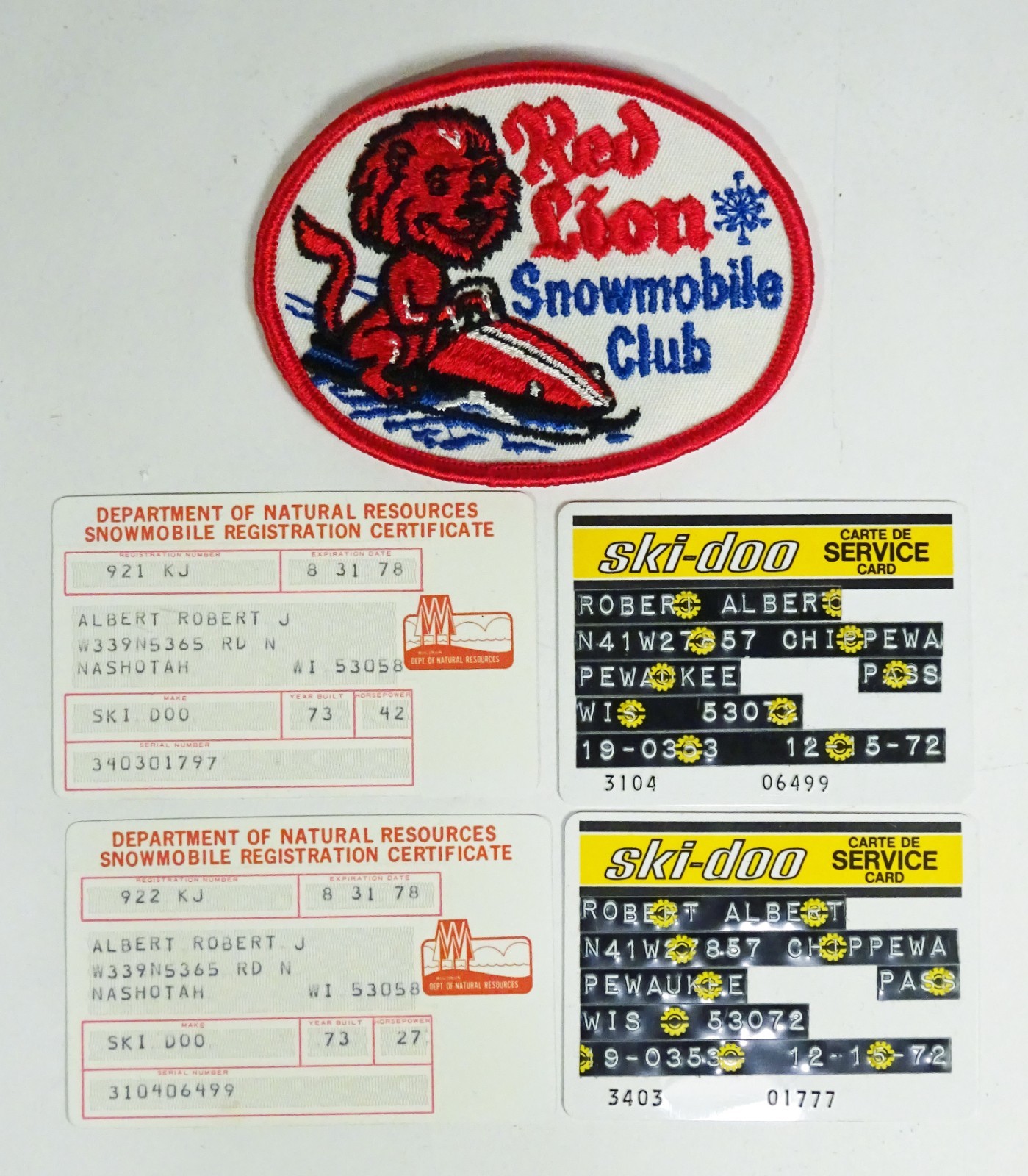 Vintage 70s WI SNOWMOBILE CLUB Embroidered Patch + Ski-Doo Service Cards +