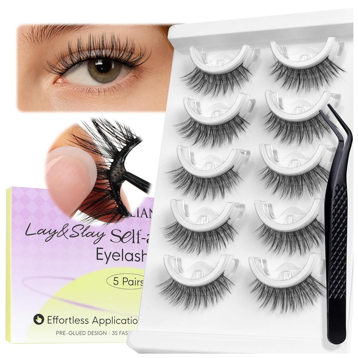 Self Adhesive Eyelashes Press on Lashes, Reusable Pre Glued Eyelashes No Glue Ne