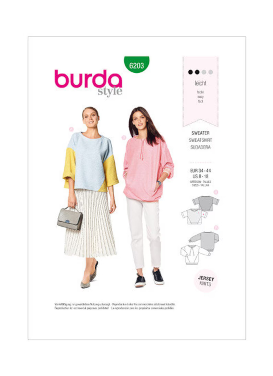 Burda Pattern 6203 - Misses' Sweatshirts with Sleeve, Hem & Neckline Variations
