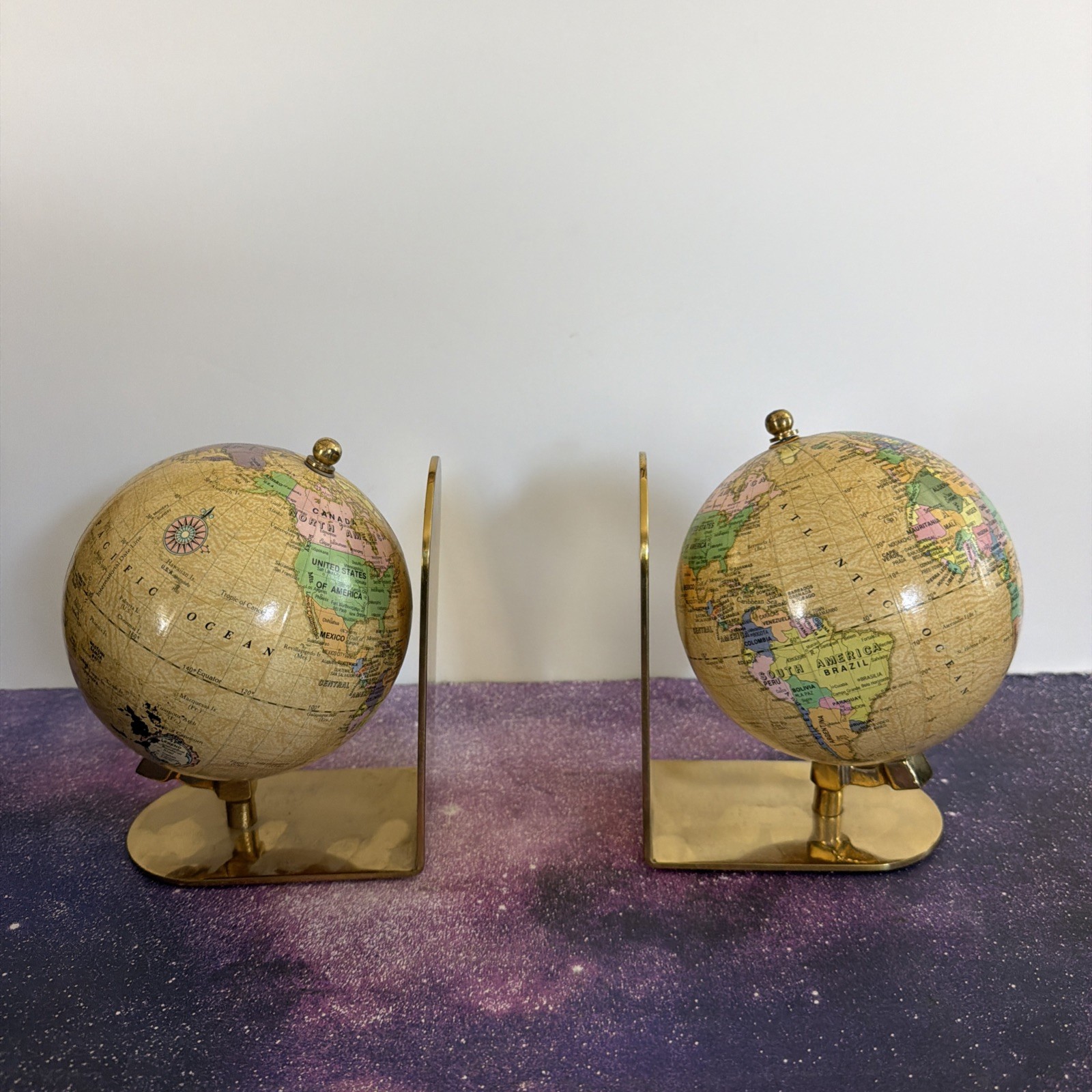 Vintage MCM Pair Of Spinning Globe Bookends with Brass Stands