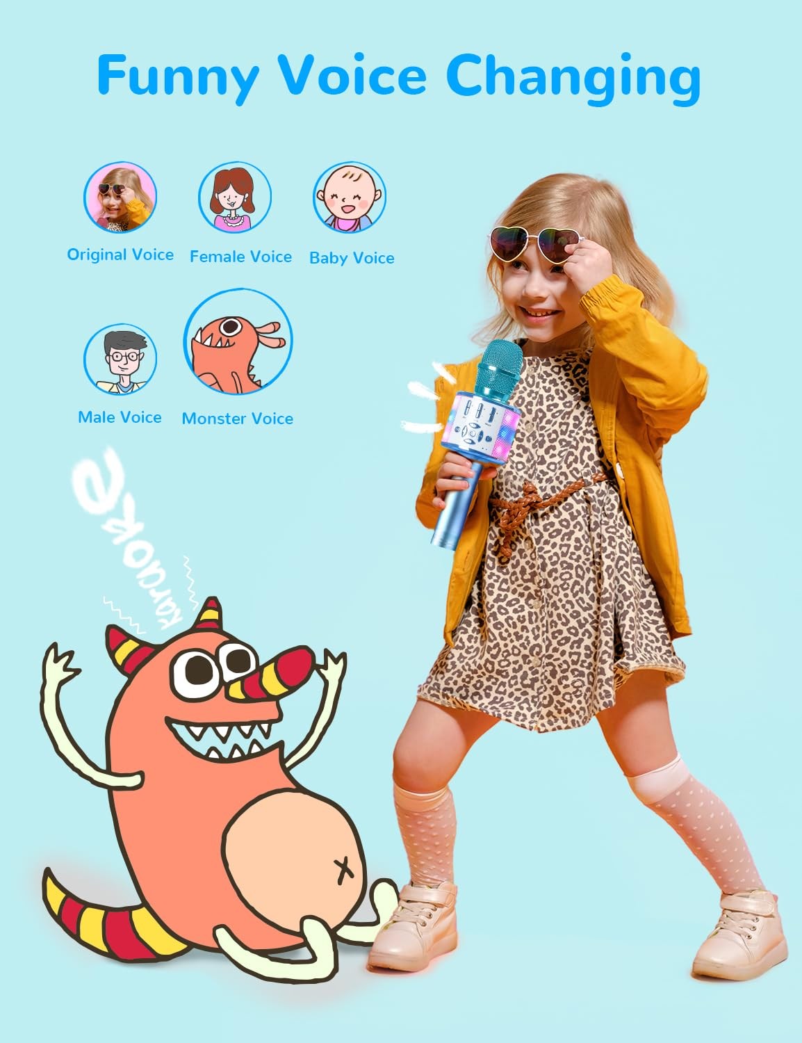 Kids Karaoke Microphone Bluetooth with LED Light Toy Gift for Children Blue