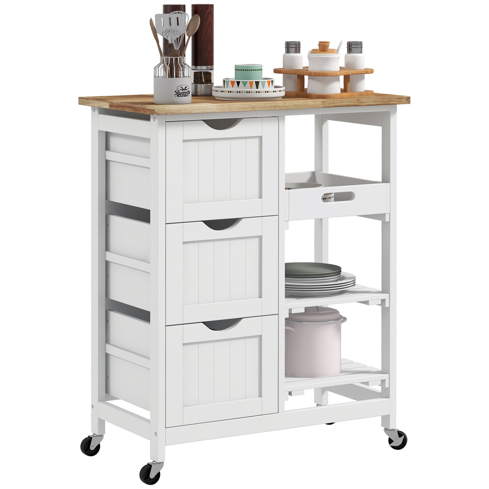 Rolling Kitchen Island Cart, Bar Serving Cart with Drawers, White