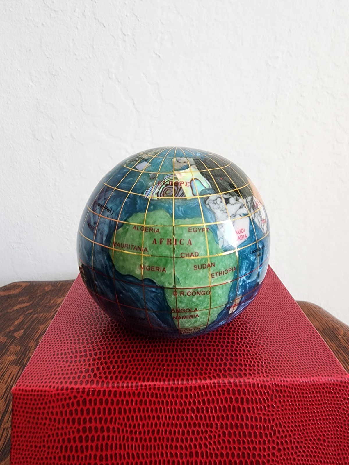 Handcrafted Gemstone Globe Paperweight in Decorative Red Box