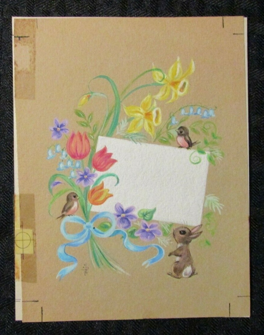 EASTER Bunny Rabbit Birds & Flowers 4.5x6" Greeting Card Art #2225
