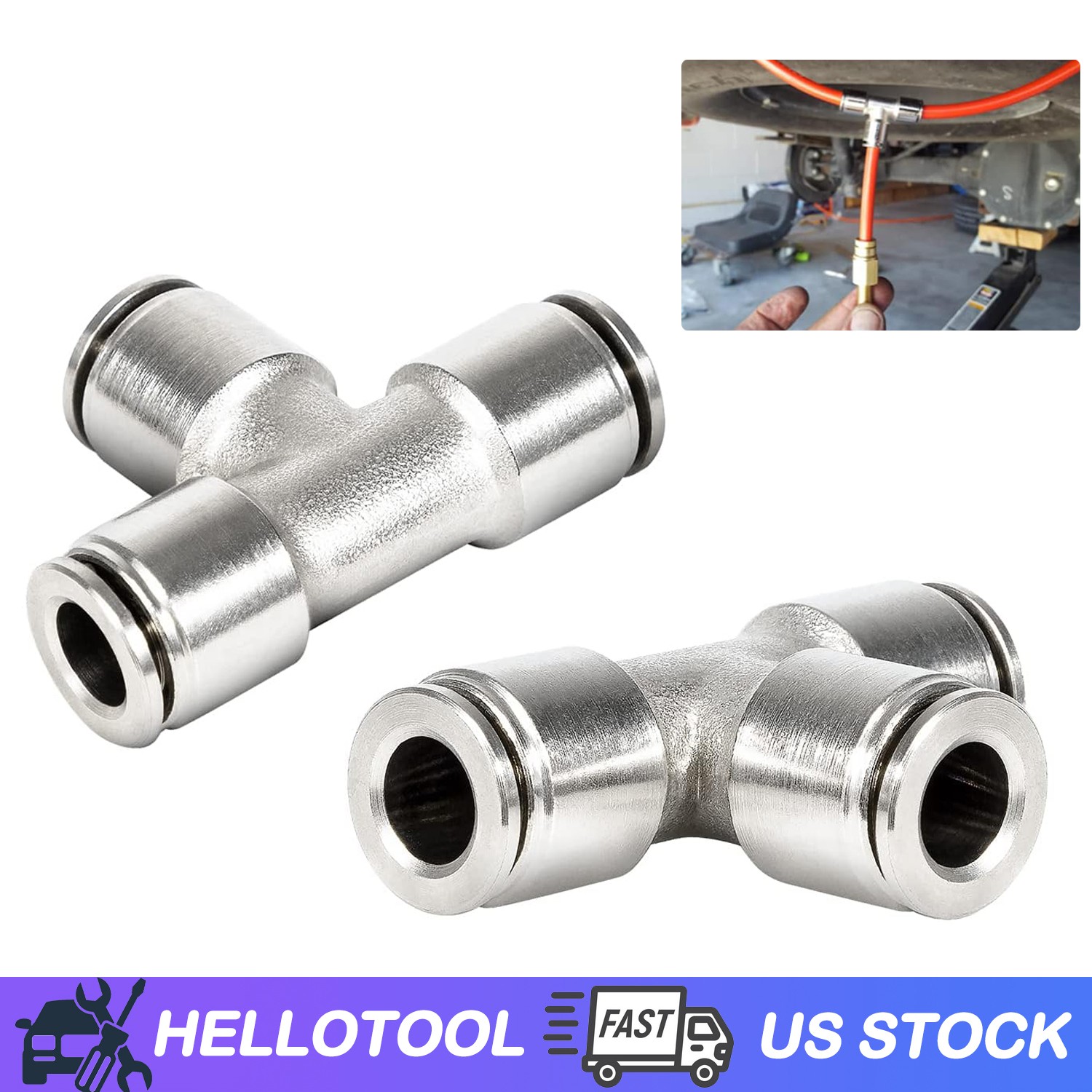 2PCS Air Line T-Fittings Union Tee 1/4" Coupler Push-To-Connect Fitting 21838