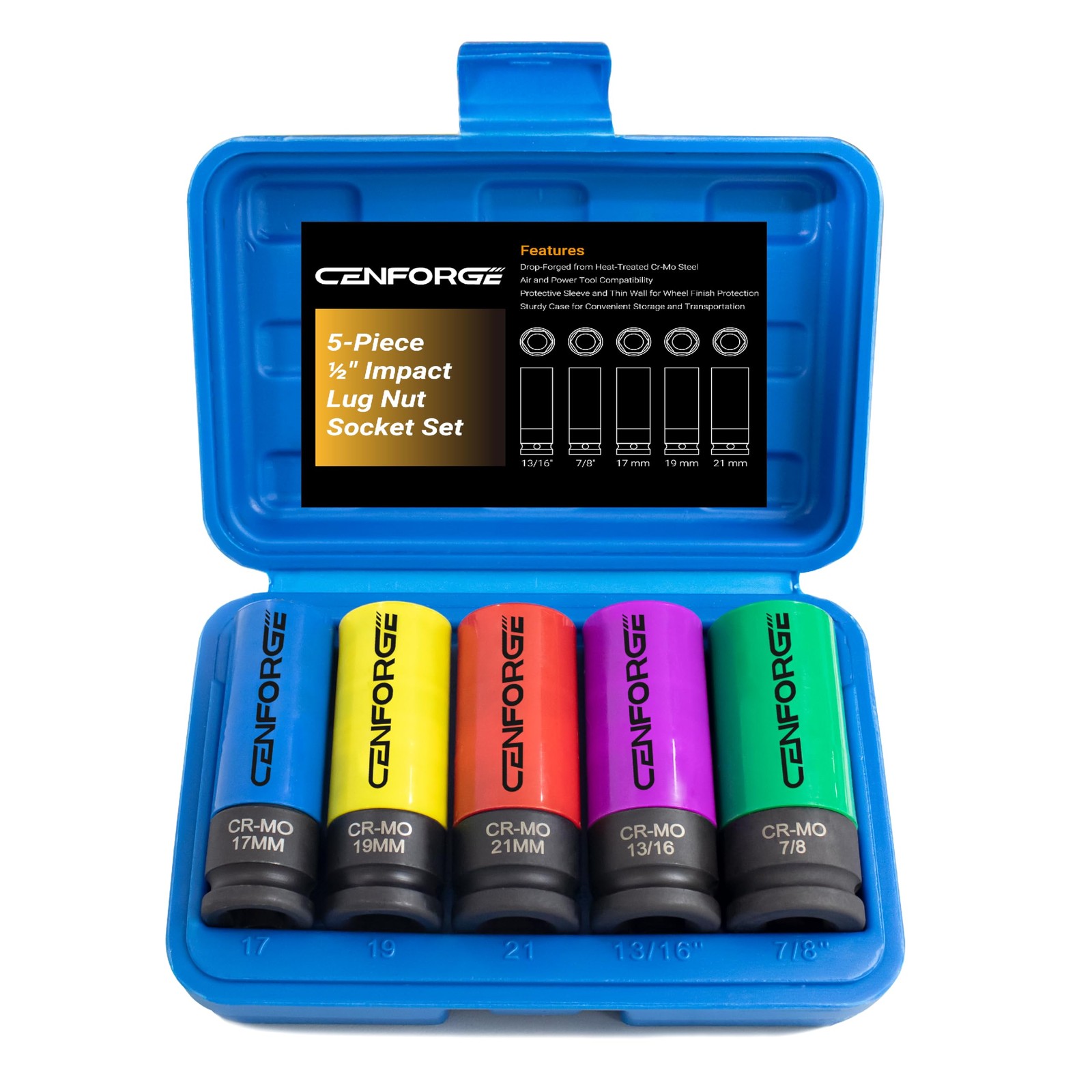 1/2" Drive Lug Nut Socket Set, Metric 17 19 21 mm & SAE 13/16 7/8 in. Wheel S...