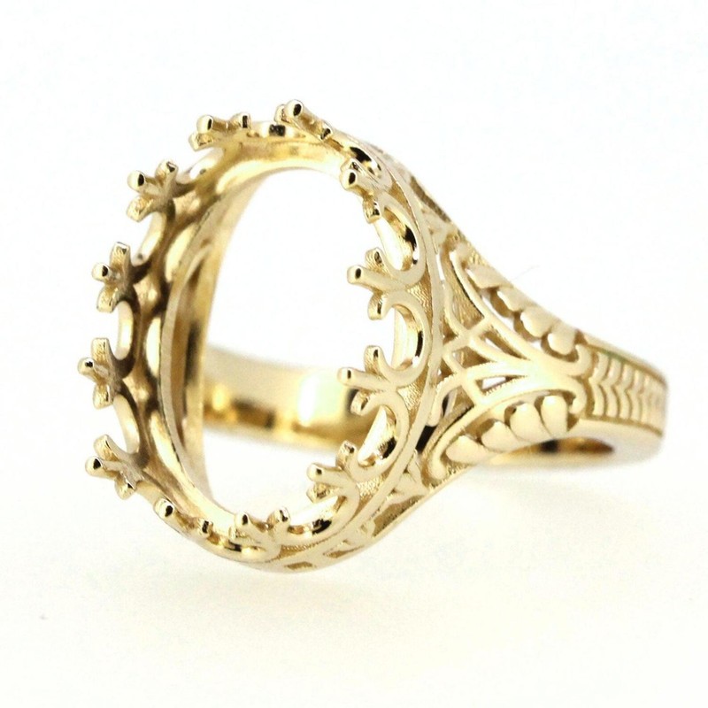 925 Sterling Silver Yellow Plated 12x10mm Oval Semi Mount Crown Filigree Ring