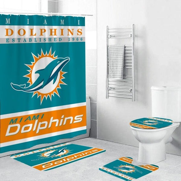 Football Team Dolphin Shower Curtain Toilet Lid Cover Bath Mat Bathroom Set