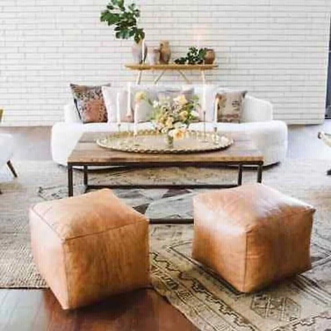 Set Of 2 New Leather Moroccan Pouf, Ottoman, wedding gifts home decor, Footstoo