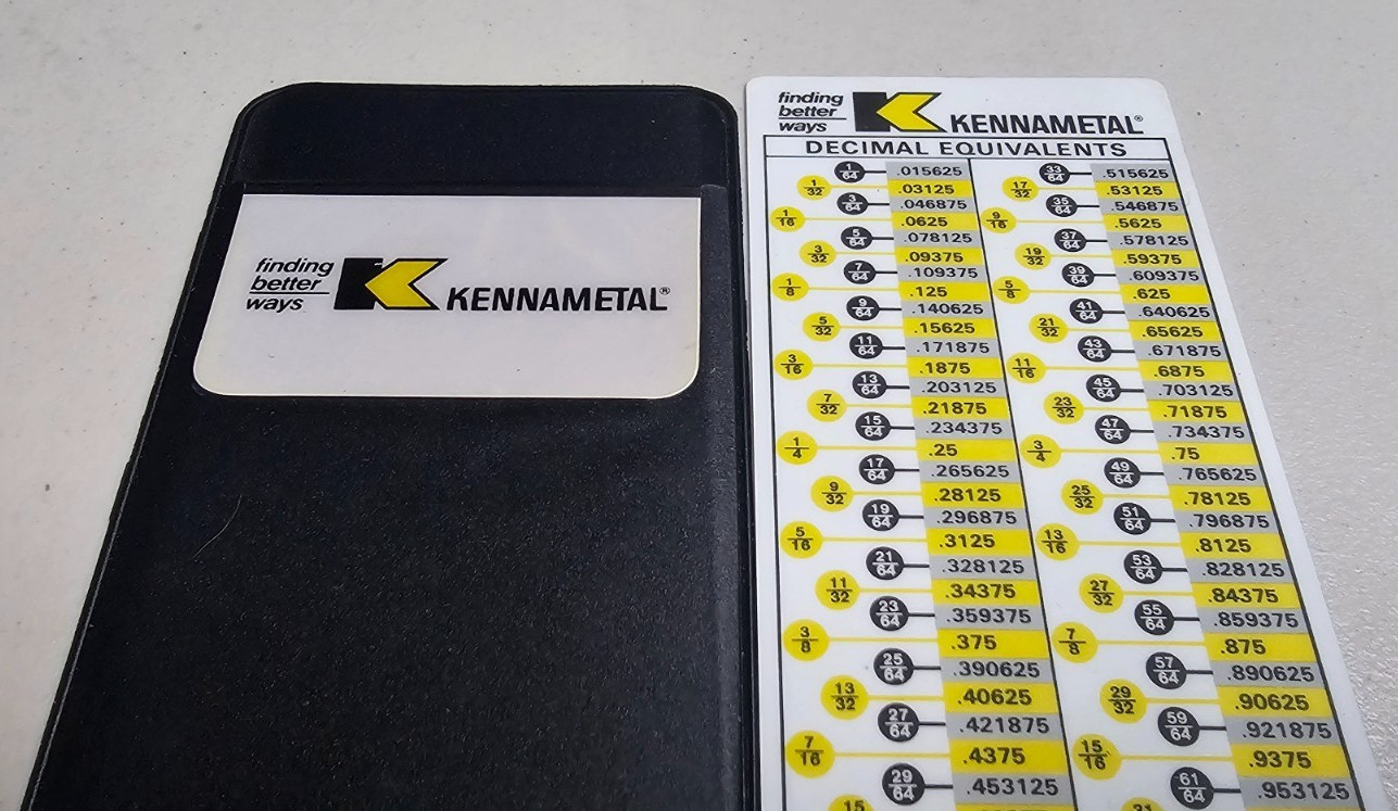 Kennametal Decimal & Metric Equivalents Chart w/ Sleeve Protector