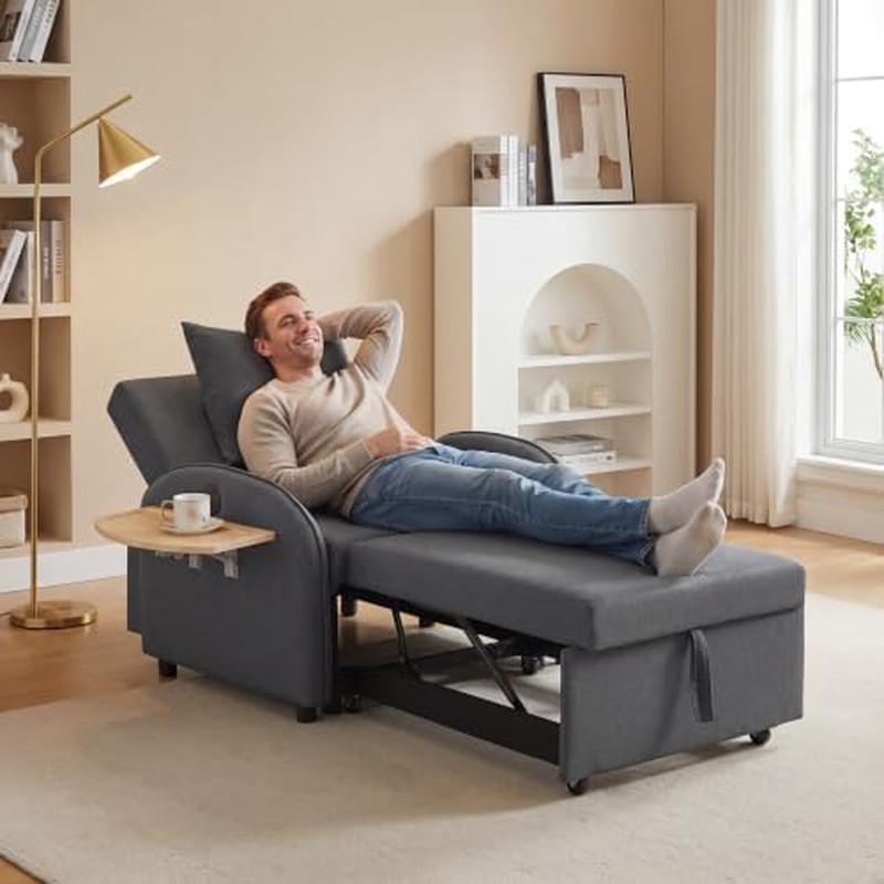 Sleeper Chair with Pull Out Bed, 5 in 1 Single Sofa Bed, Gray | Adjustable Backr