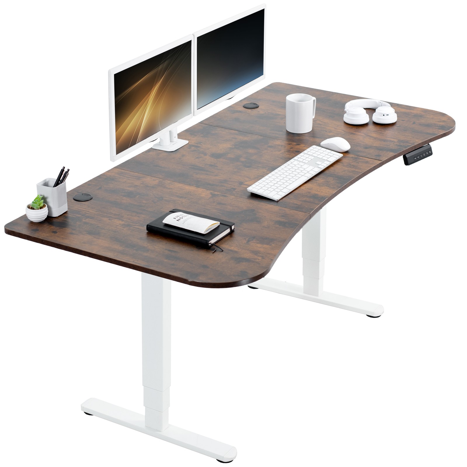 VIVO Electric 63" x 32" Stand Up Desk, Rustic Vintage Brown Top, White Frame