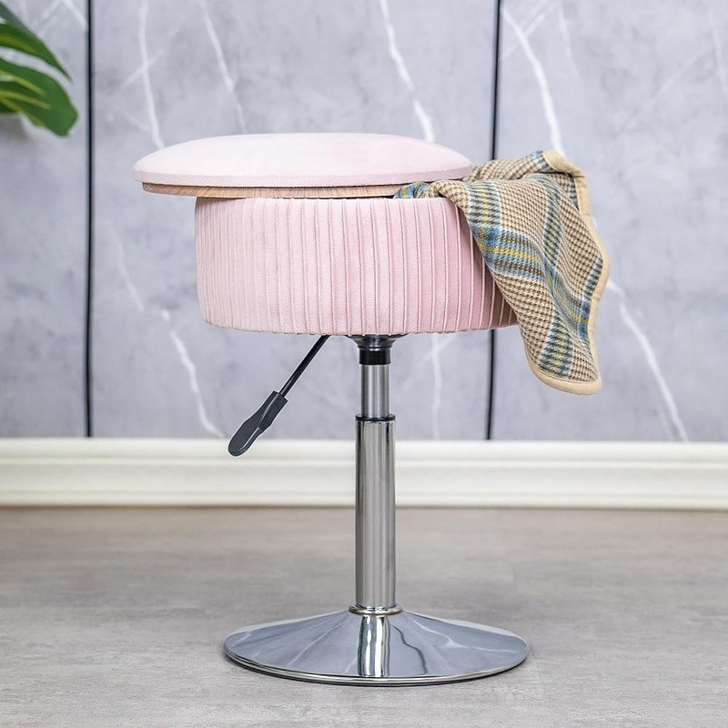 Adjustable Velvet Storage Stool Swivel Seat Hidden Space Foot Rest Non-Slip Base