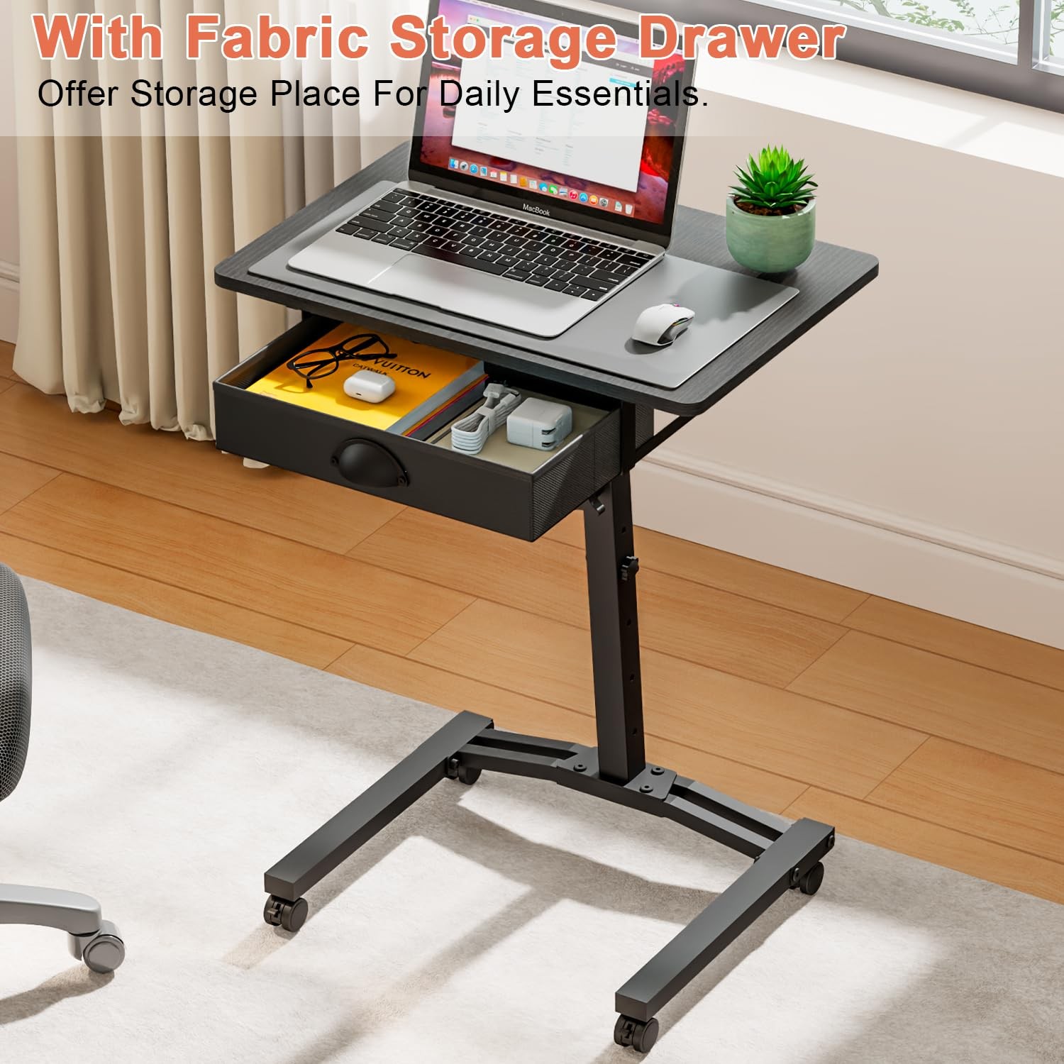 Rolling Adjustable Height Computer Desk With Drawers, Small Mobile Laptop Des...