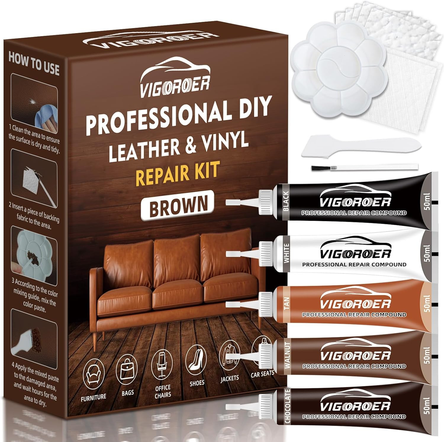 Brown Leather Repair Kit for Furniture, Leather Couch Repair Kit for Car Interio