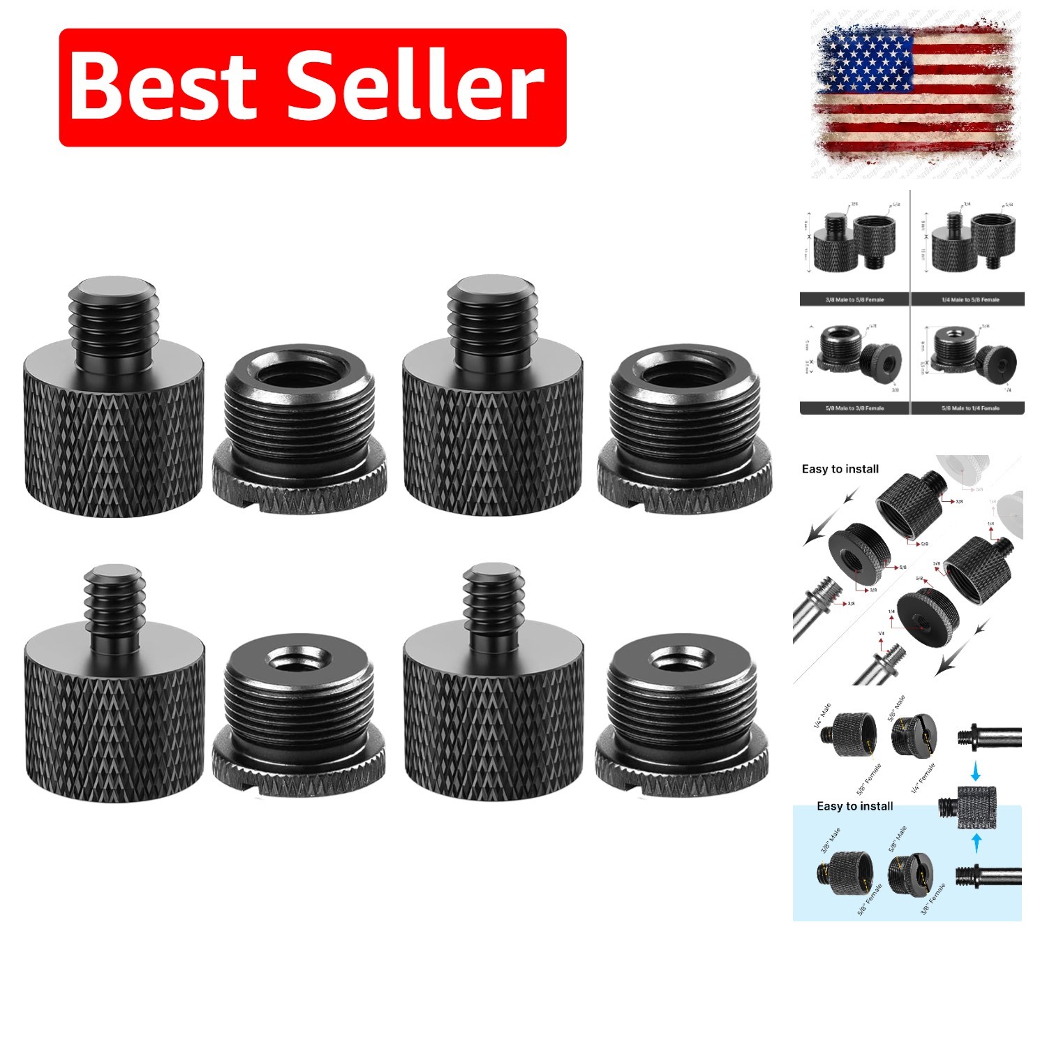 Mic Stand Adapter Set - 8 Piece Metal Mic Stand Adapter Kit - 3/8 to 5/8 & 1/...