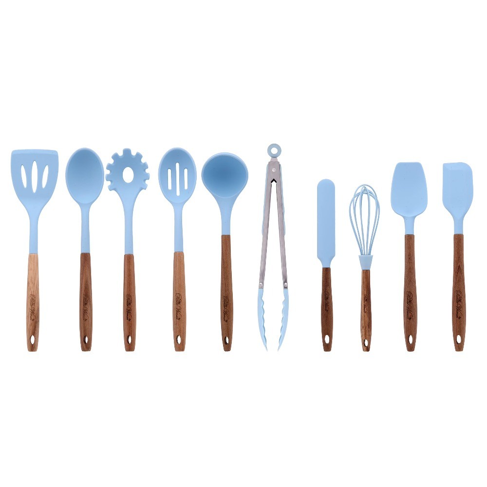 10-Piece Silicone and Acacia Wood Handle Cooking Utensils Set, Blue