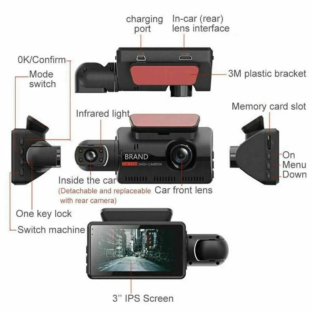 1080P Dual Lens Dash Camera G-Sensor 3-Inch Screen Full HD Recording