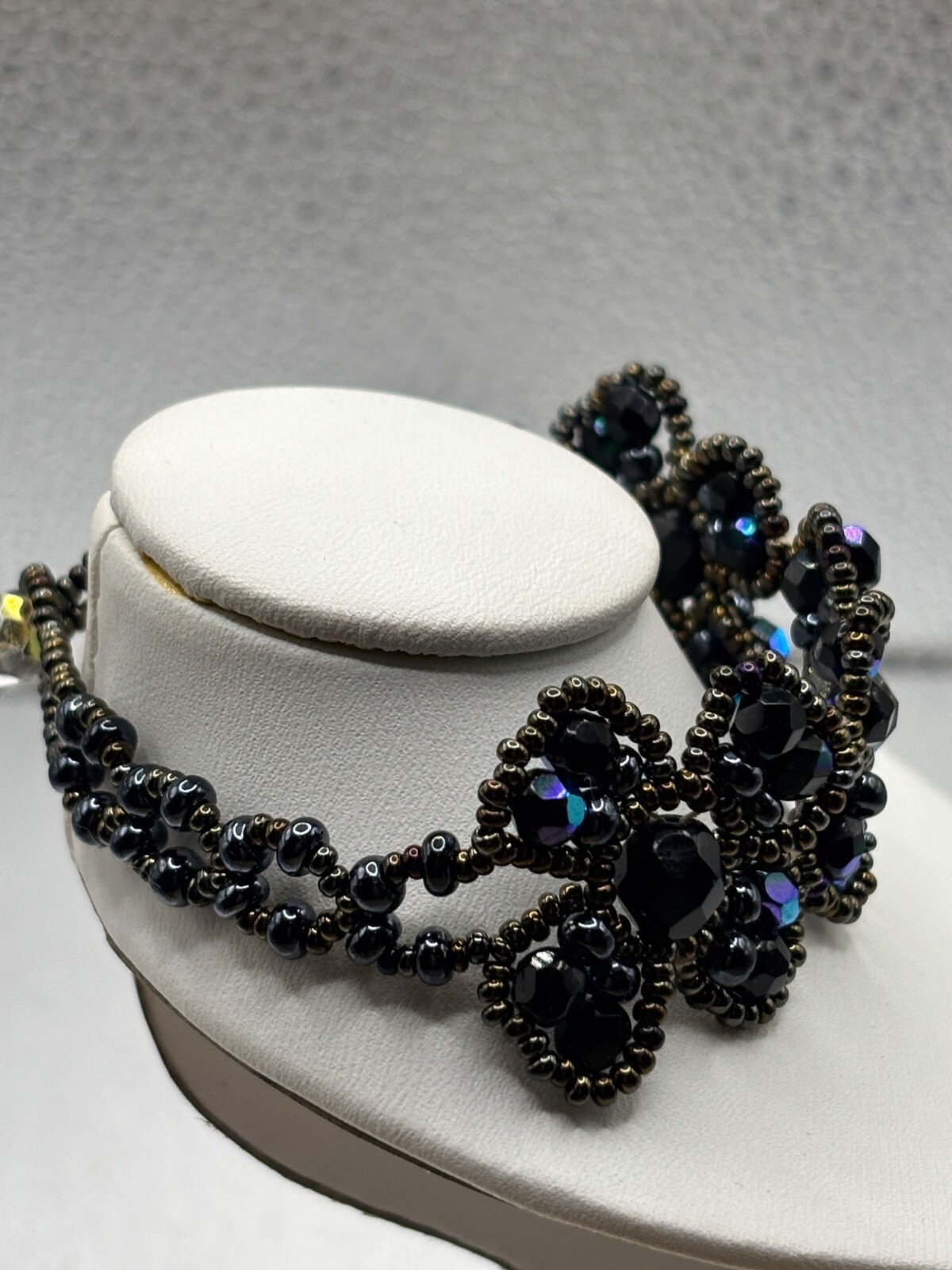 Artisan Black Beaded Bracelet With Crystal Accents Magnetic Clasp Shiny Striking