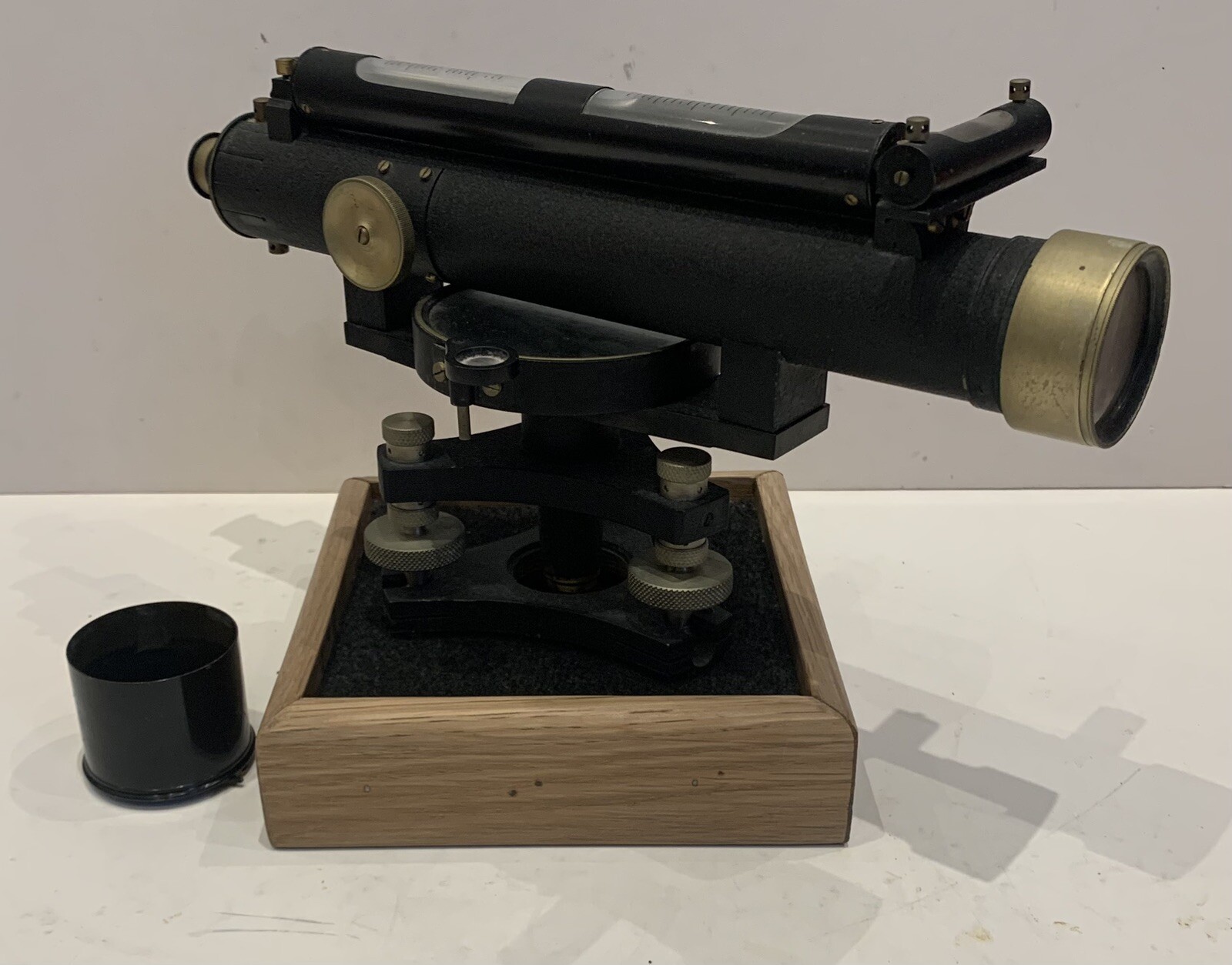 Antique Vintage Surveyors Level Theodolite London Oak Plinth Decor Item