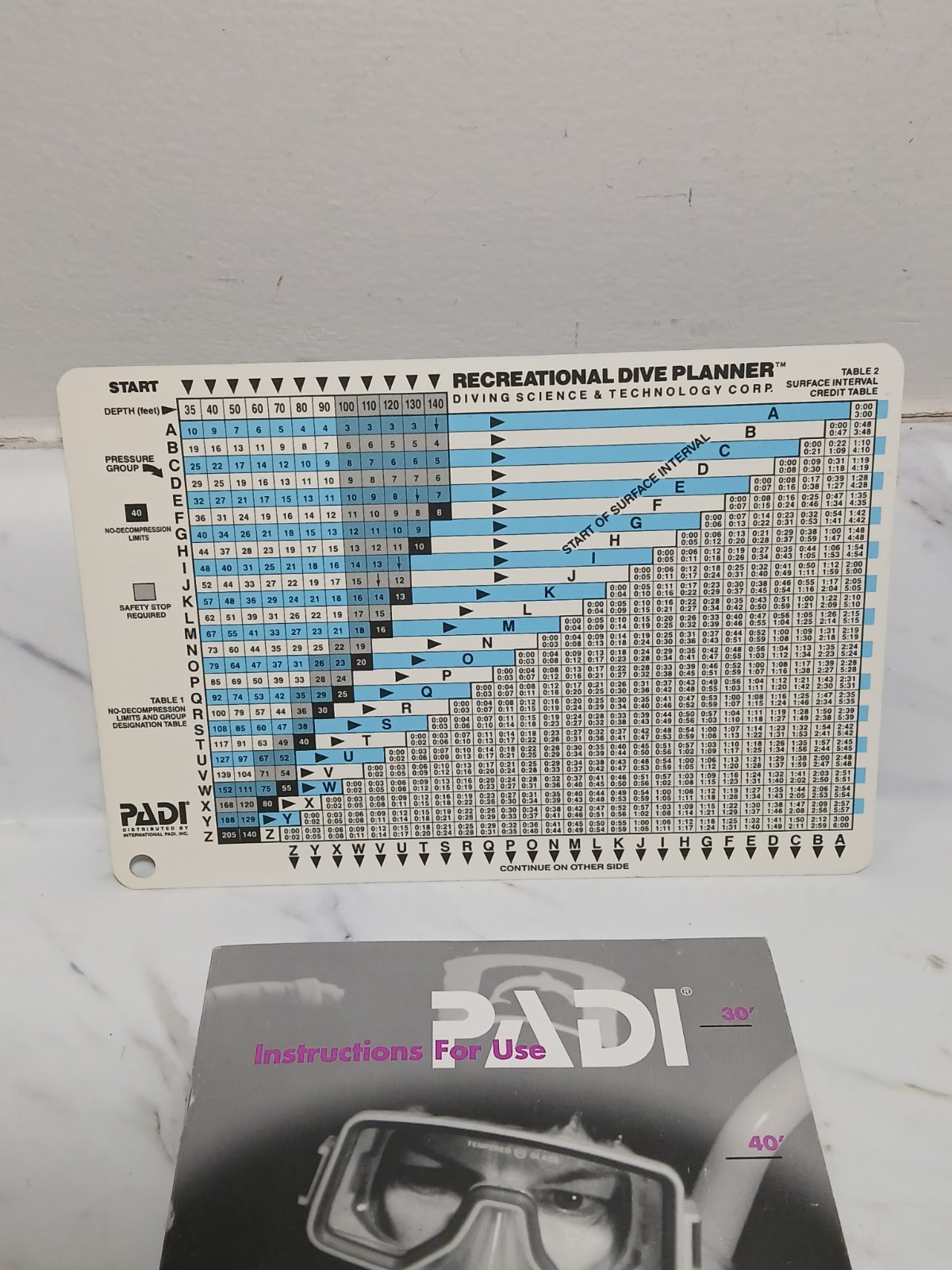 PADI Vintage Plastic Recreational Dive Planner Table Scuba Diving