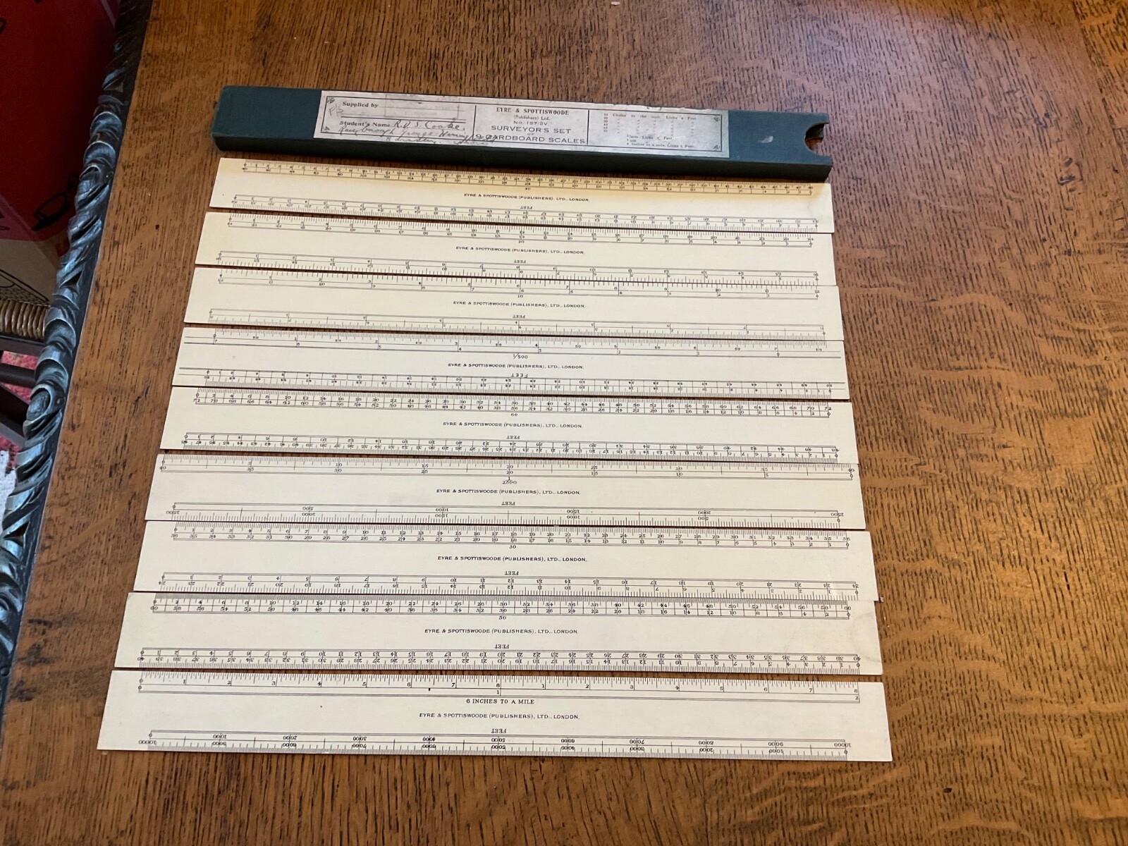 Vintage Draughtsperson’s cardboard scale rules, set of 9, Eyre & Spottiswoode.