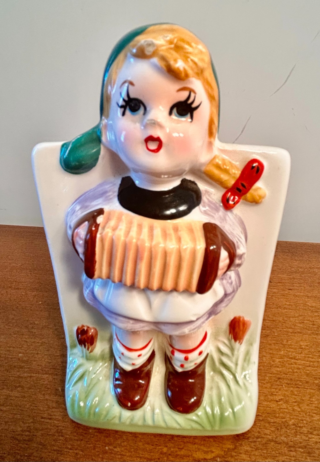 Hummel Like Pottery Planter. 6" Girl With Accordion Multi Color