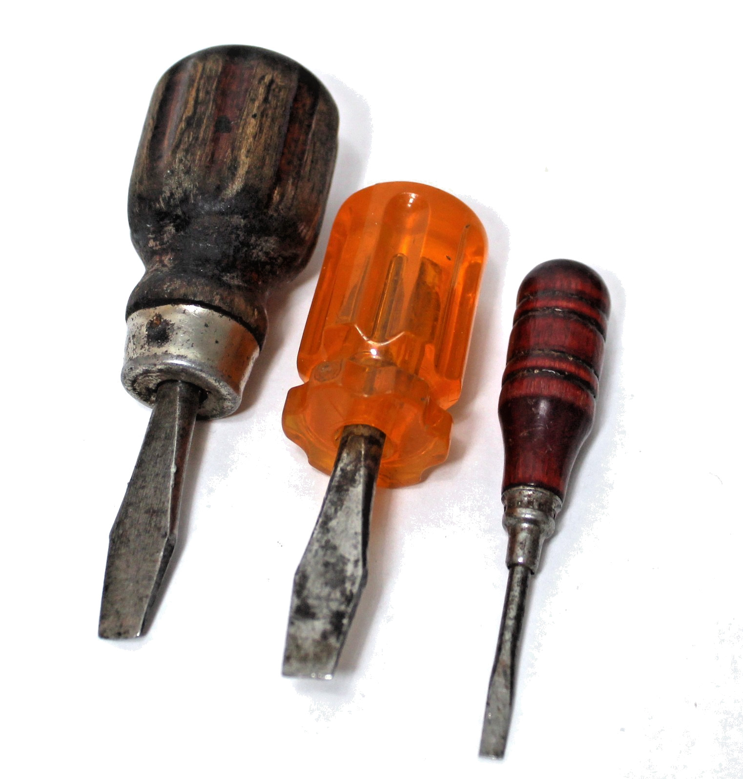 Vintage Screwdrivers Small Flat Blade Wood & Acrylic Handles Set 3