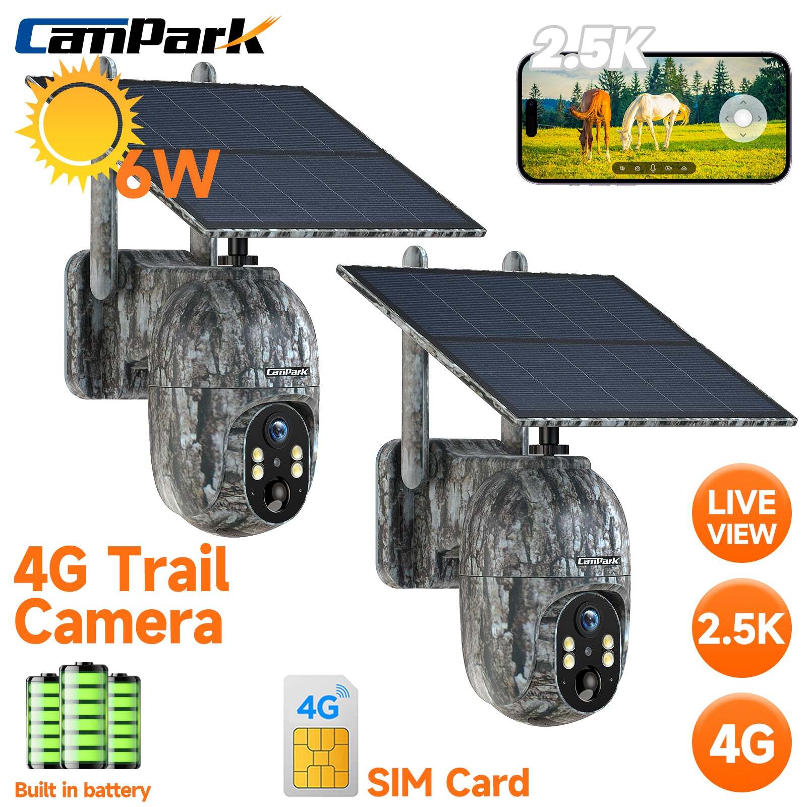2xCampark Solar Trail Camera 4G LTE Live View Hunting Cam 2.5K PTZ Cam 15000mAh