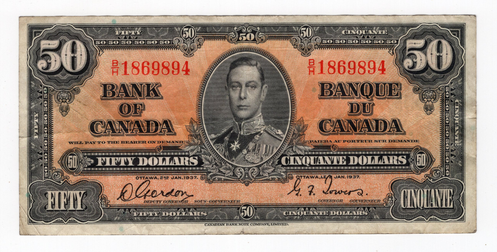 Bank of Canada 1937 $50 Fifty Dollars Bank Note VF Gordon-Towers King George VI