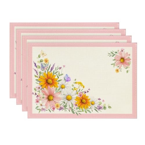 Sunflowers Butterfly Spring Placemats Set of 12" x 18", Rectangular 4 Pcs Pink