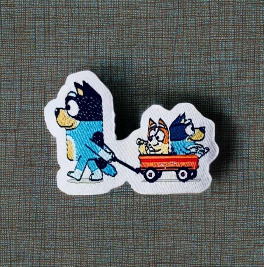 Iron On Patch - Blue Dog Cartoon 2” Dad Red Wagon, Kawaii Bandit Bingo
