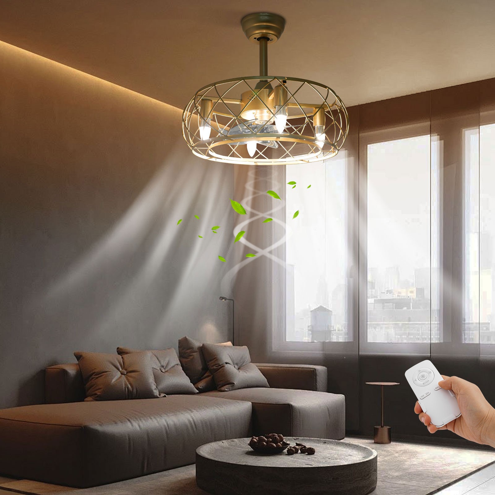 20 inch Caged Ceiling Fan Light Ceiling Mounted Light 3 Speeds Remote Control