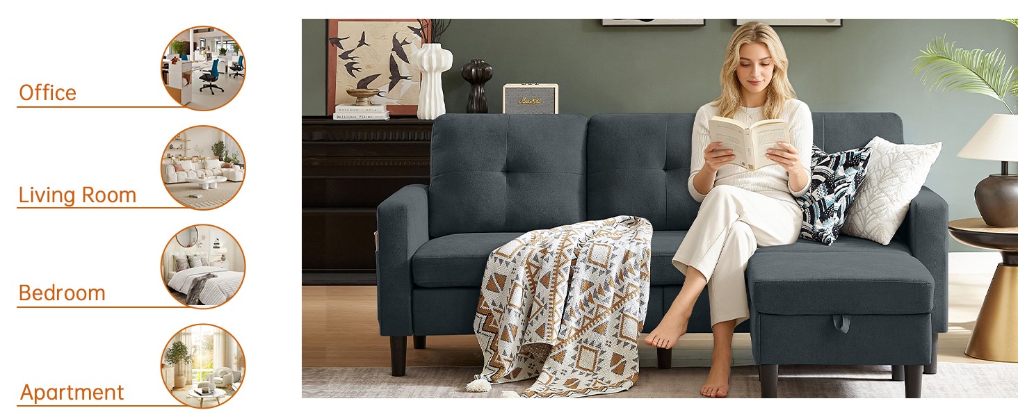 80" Convertible Sectional Sofa Couch with Movable Ottoman, 3 Seats Sectional