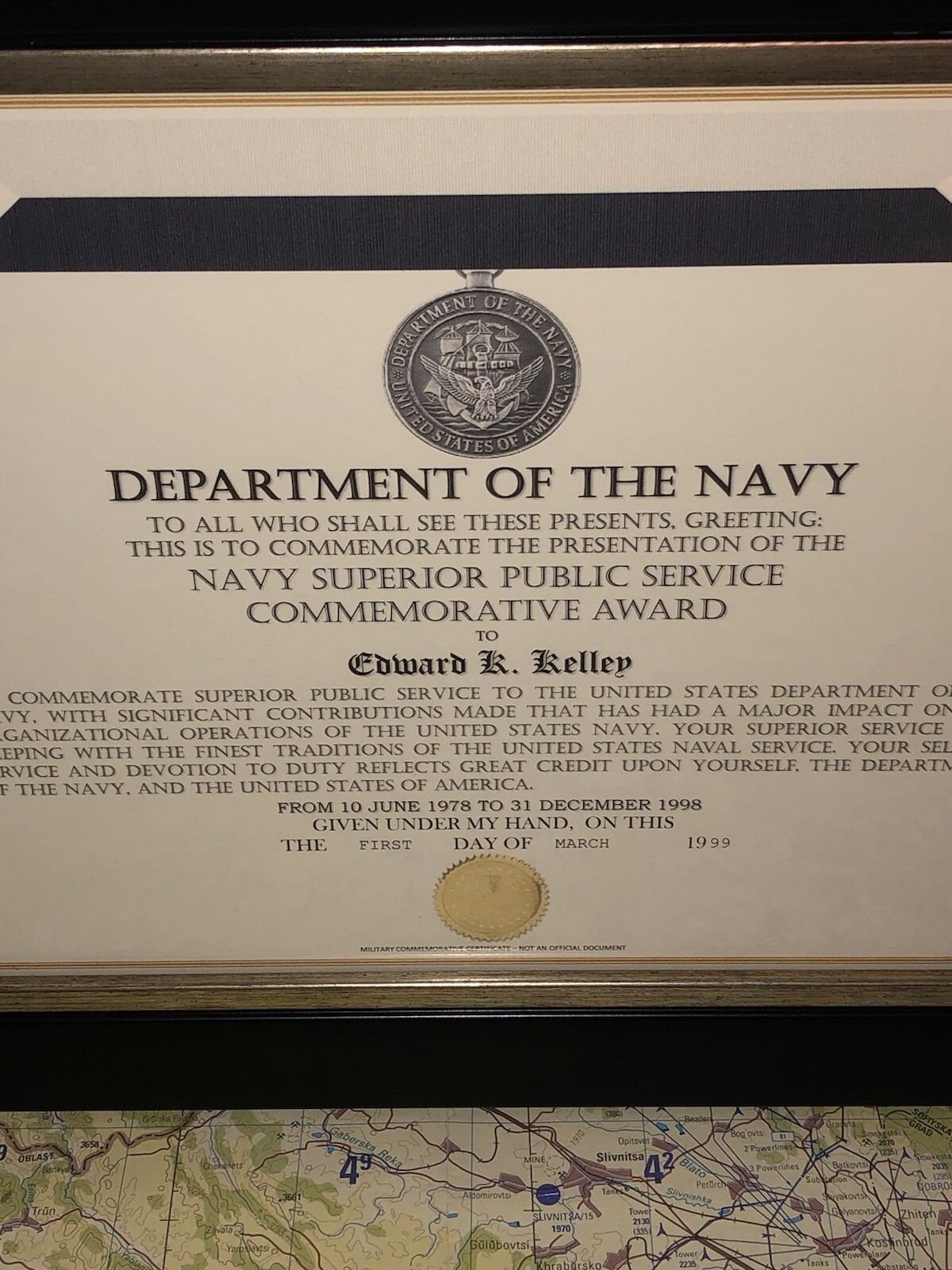 NAVY SUPERIOR PUBLIC SERVICE COMMEMORATIVE AWARD CERTIFICATE Type-1
