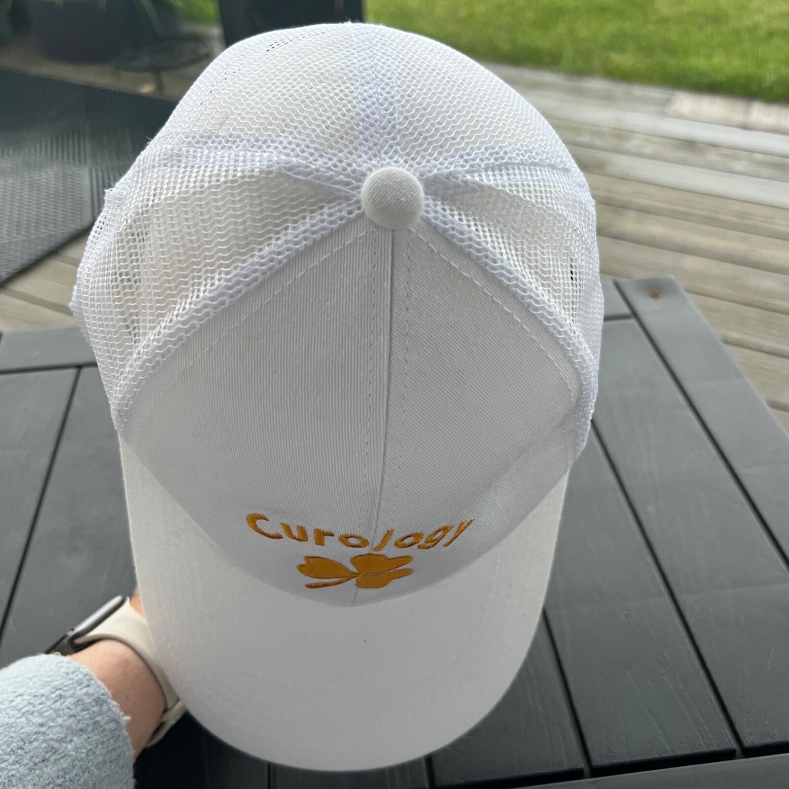 Curology Shamrock Gold Embroidered Hat Cap White Trucker Fabric Mesh w Hook Loop