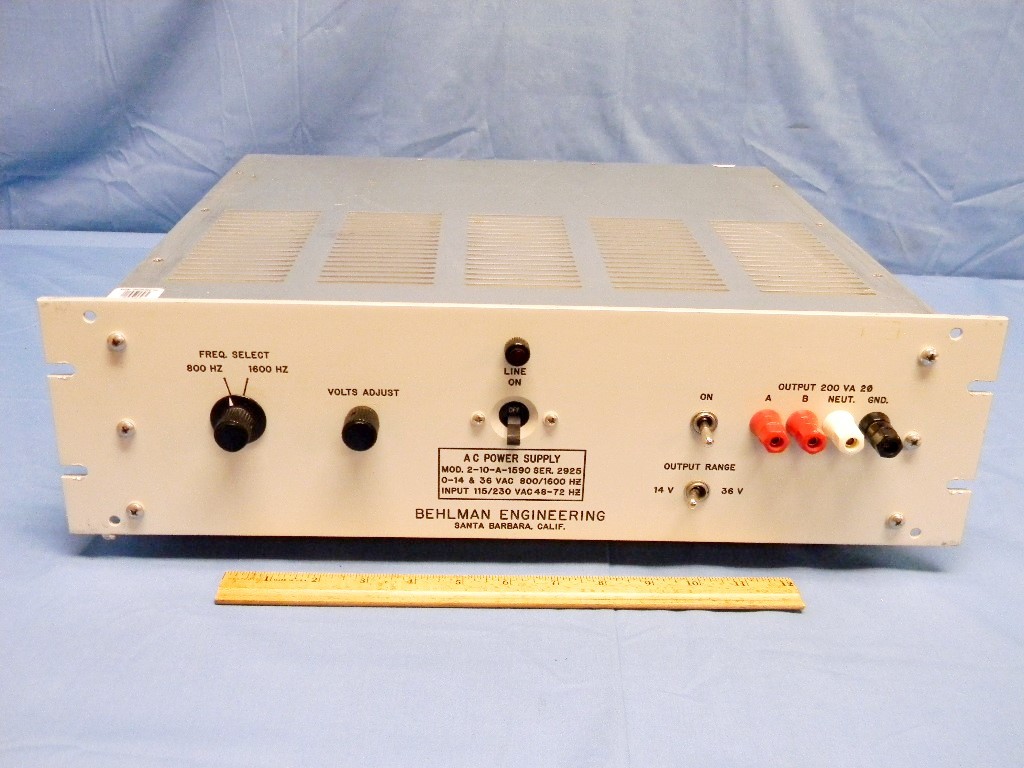 Behlman 2-10-A-1590, Fixed 800 & 1600Hz AC Power Supply 0-14/0-36VAC 2-PH TESTED
