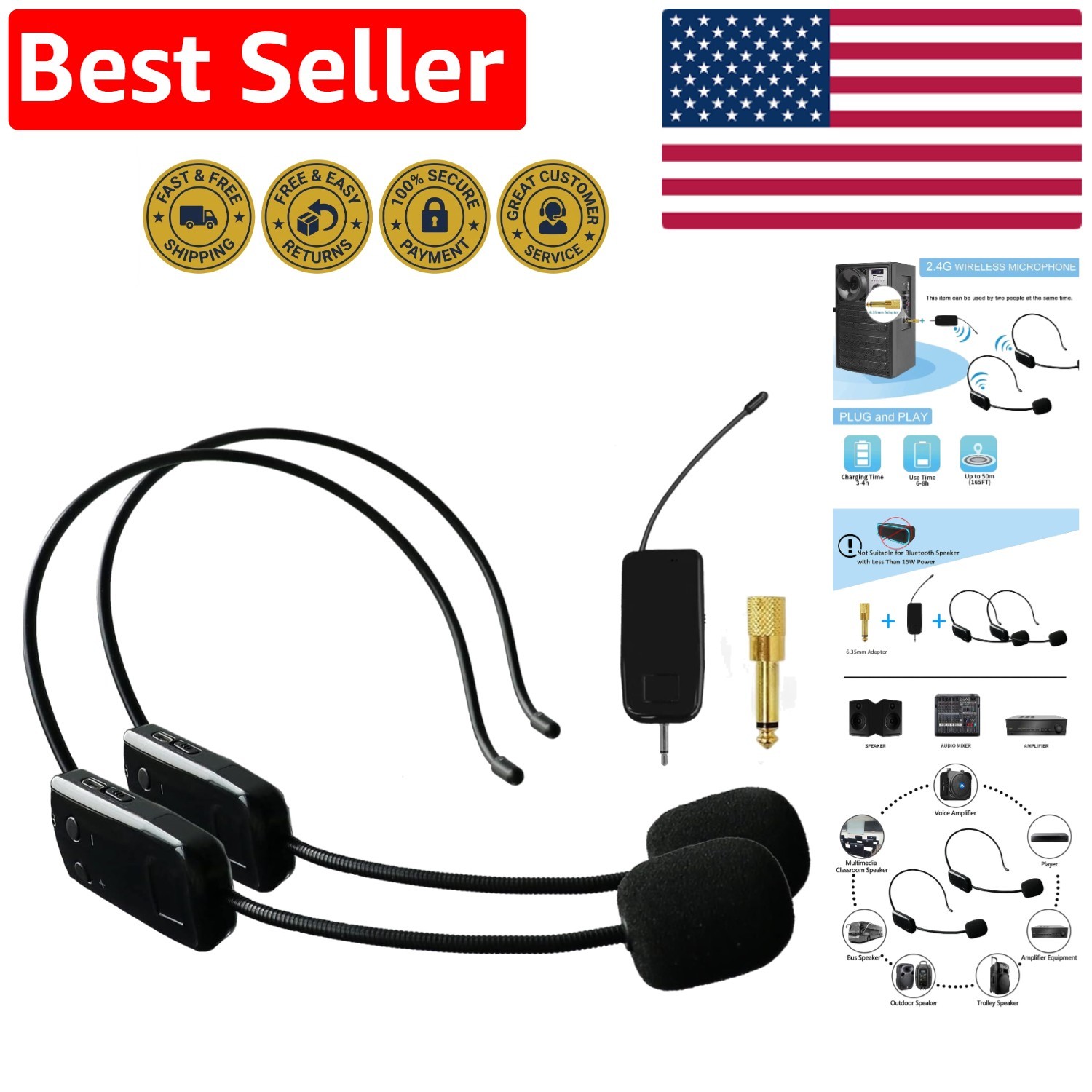 Easy Pairing 2.4G Wireless Headset Microphone System for Clear Audio Delivery