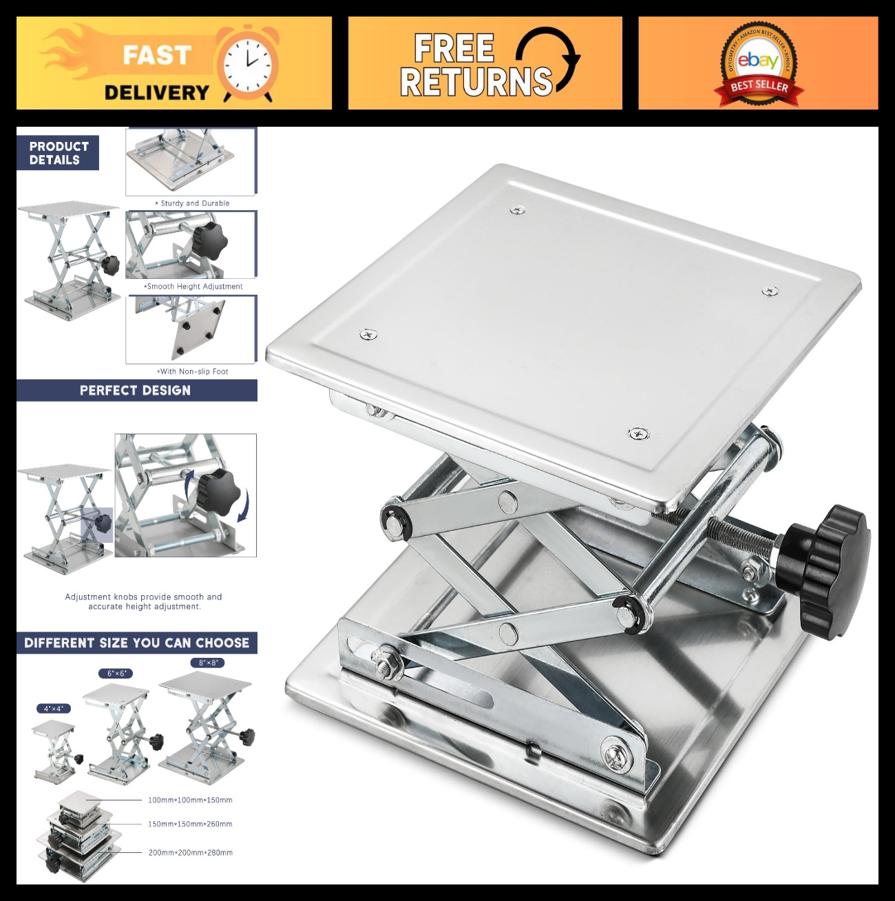 Scissor Lift Table Jack Platform 8"x8", Stainless Steel Lab Support, Adjustable