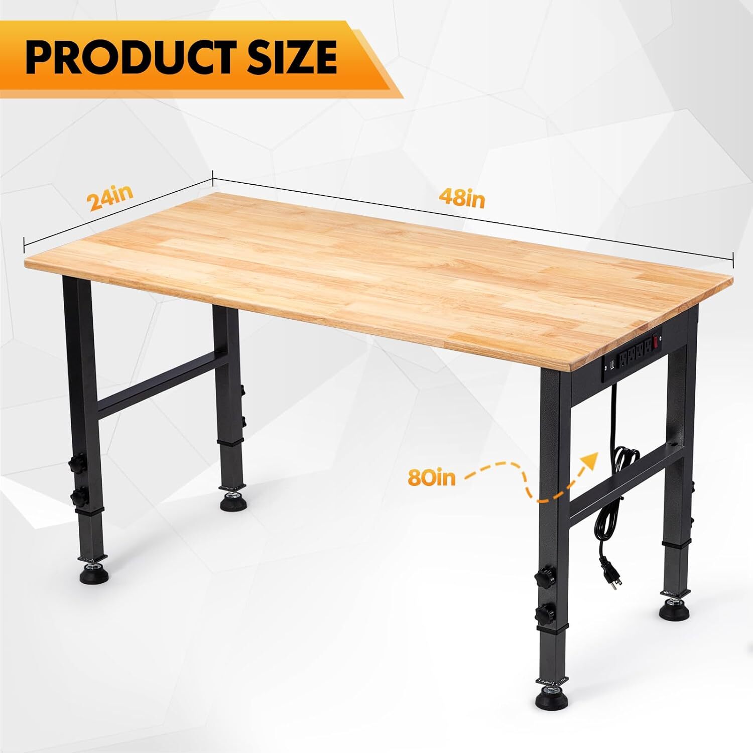 48" Adjustable Workbench, 2000LBS Capacity, Rubber Wood Top, Power Outlet