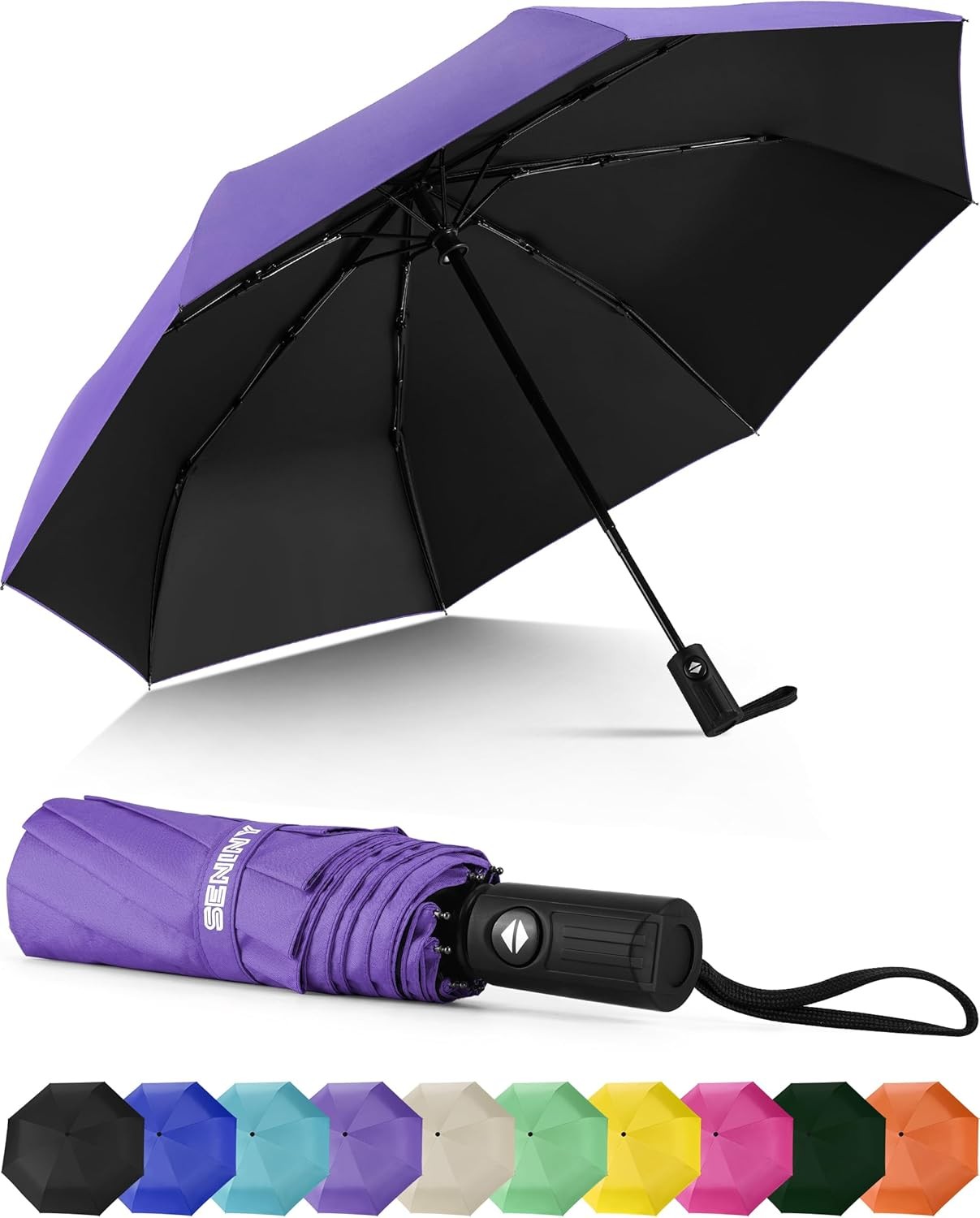 Seniny Windproof Travel Umbrella, Automatic Umbrellas for Rain, Auto-Purple