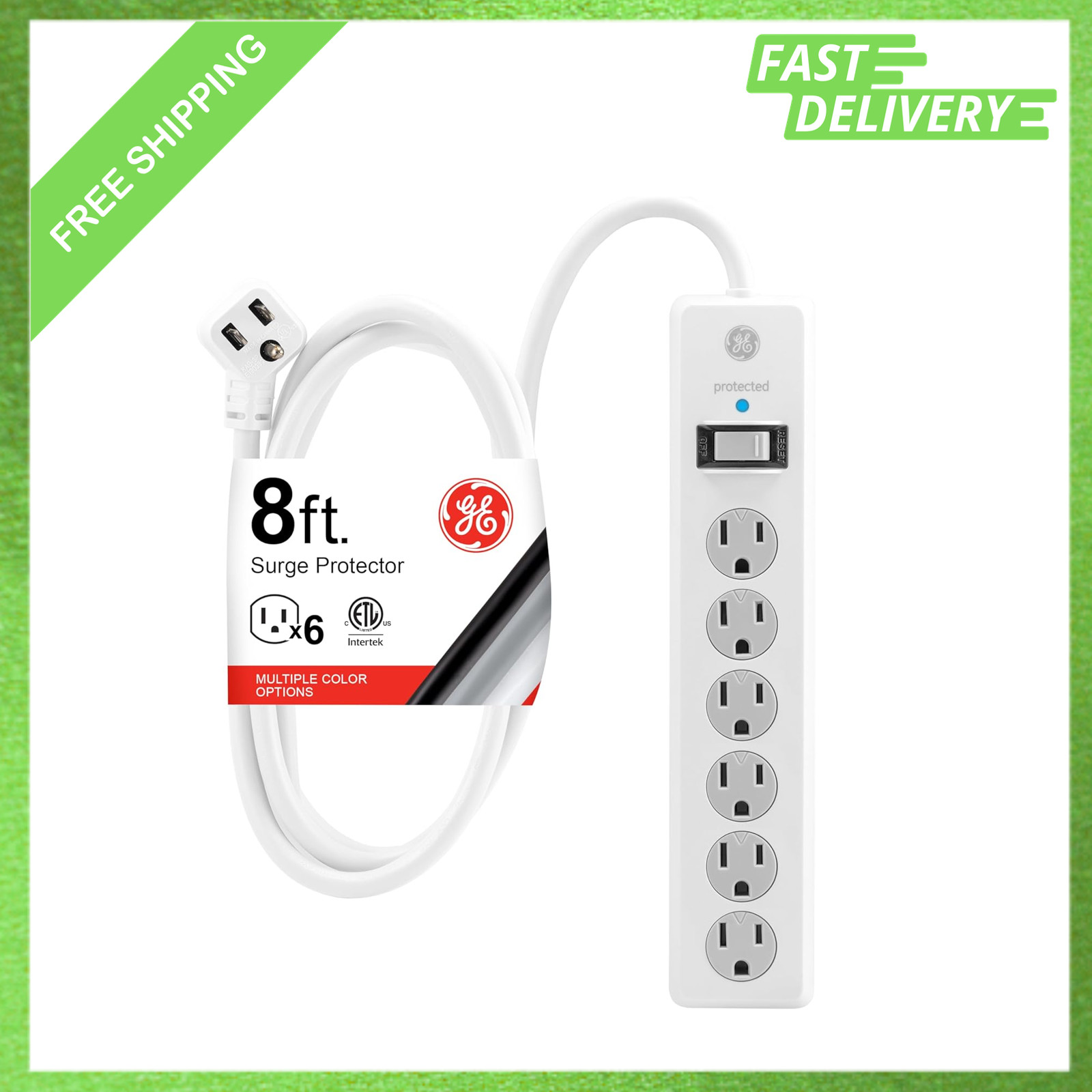 Surge Protector Power Strip, 6 Outlets, 8 Ft Extension Cord, 800 Joules, Flat