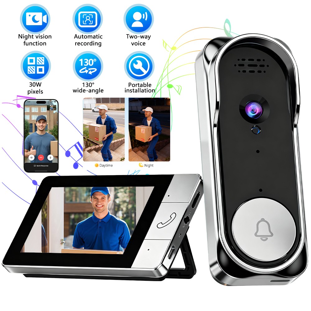 Wireless Security Smart Doorbell Intercom Two-Way Audio Camera Bell IPS Screen