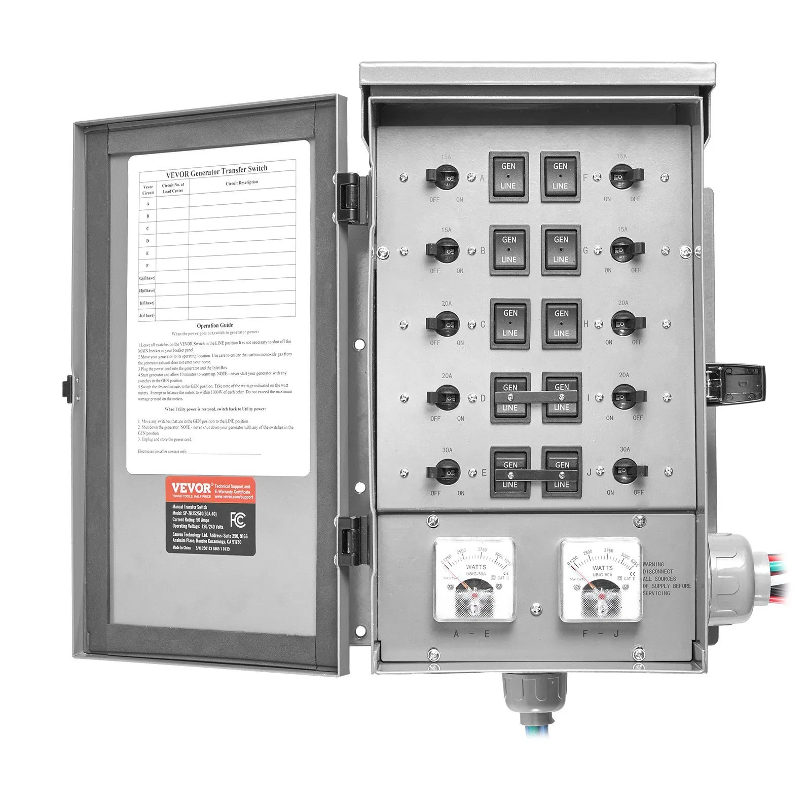 Manual Transfer Switch, 50-Amp 10-Circuit, Prewired Generator Transfer Switch Ki