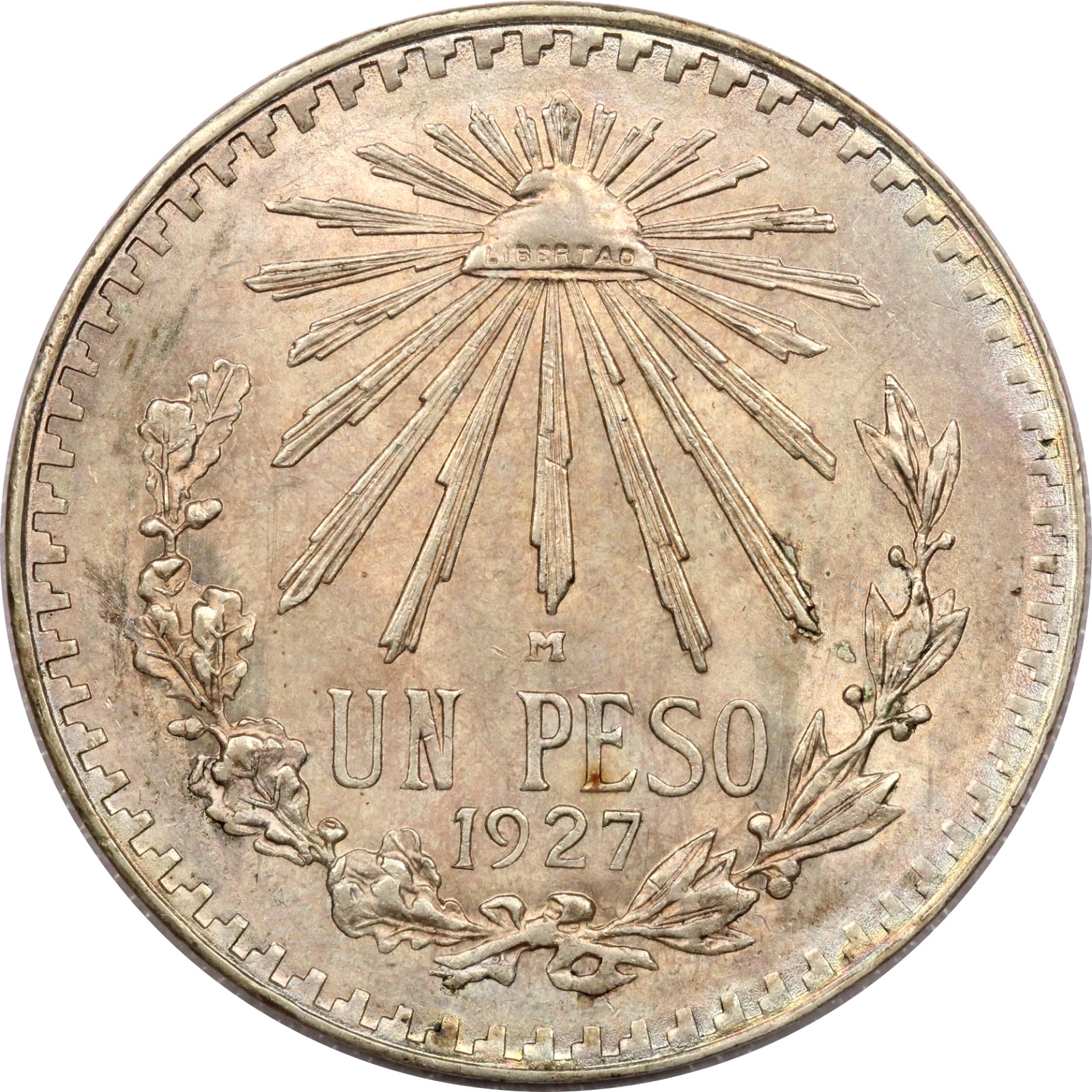 1927 Mexico Silver 1 Peso, Uncirculated BU, Lightly Toned, KM# 455