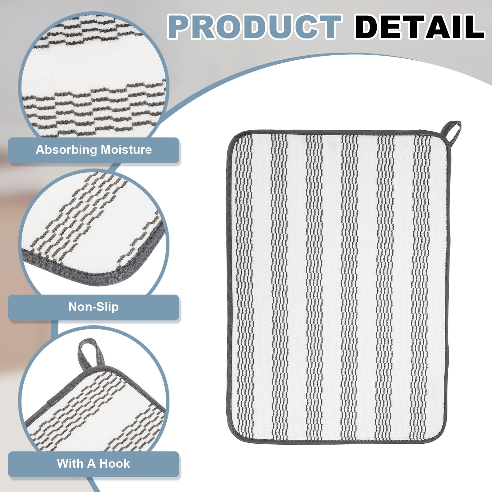 Microfiber Dish Drying Mat,20 x 15 Inch Wide White Stripes, White