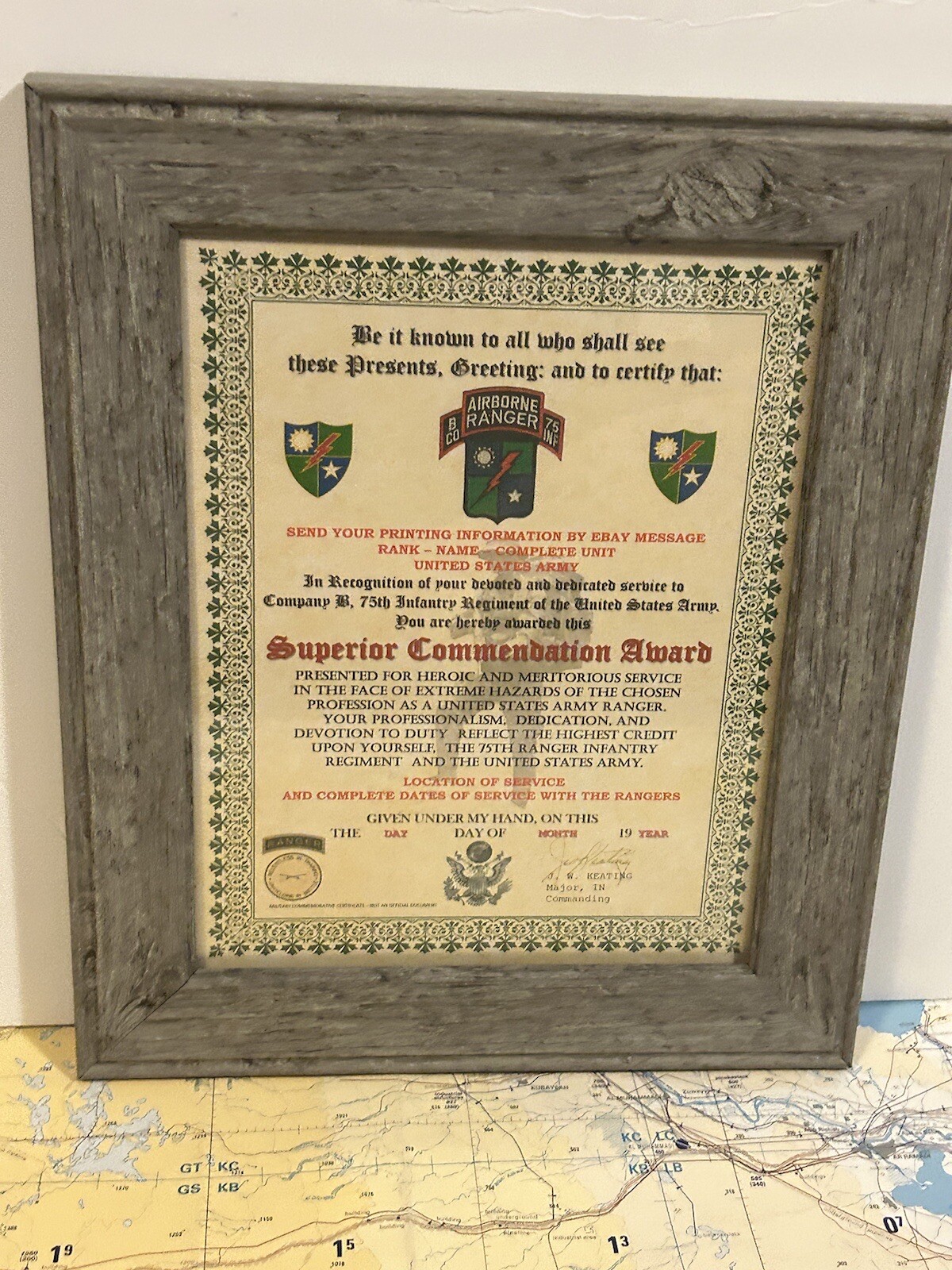 U.S. ARMY - 75TH RANGER / B CO - SUPERIOR COMMENDATION AWARD CERTIFICATE