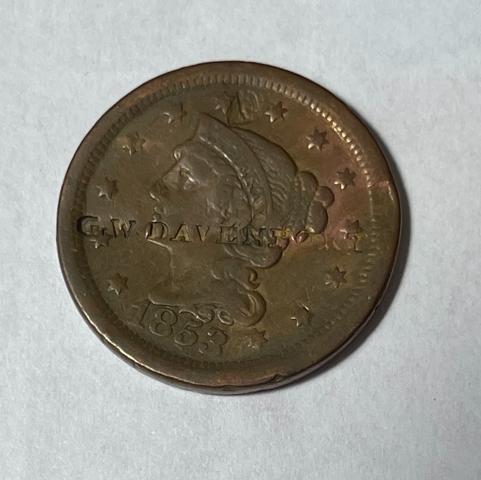 Exonumia Counter Stamped 1853 Large 1C (#8355) GW Davenport.